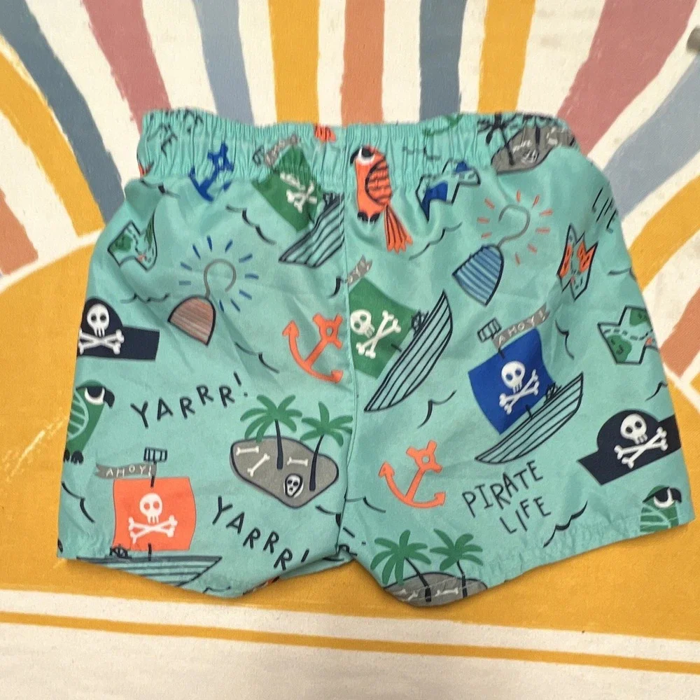Cat & Jack Boys Swim TrunksPiratePrint Green Multicolor 2T Lined Drawstring 35.2